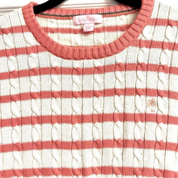 LILLY PULITZER Y2K Cable Knit Crew Neck Coral Striped Cotton Sweater Size S - Picture 2 of 10